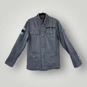 Rebel Spirit Jacket Mens Small Military Style Gray Patch Cross Stud‎ Metal Rock